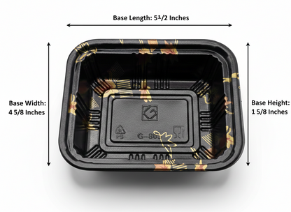 Black food container with decorative patterns and dimensions labeled on a white background