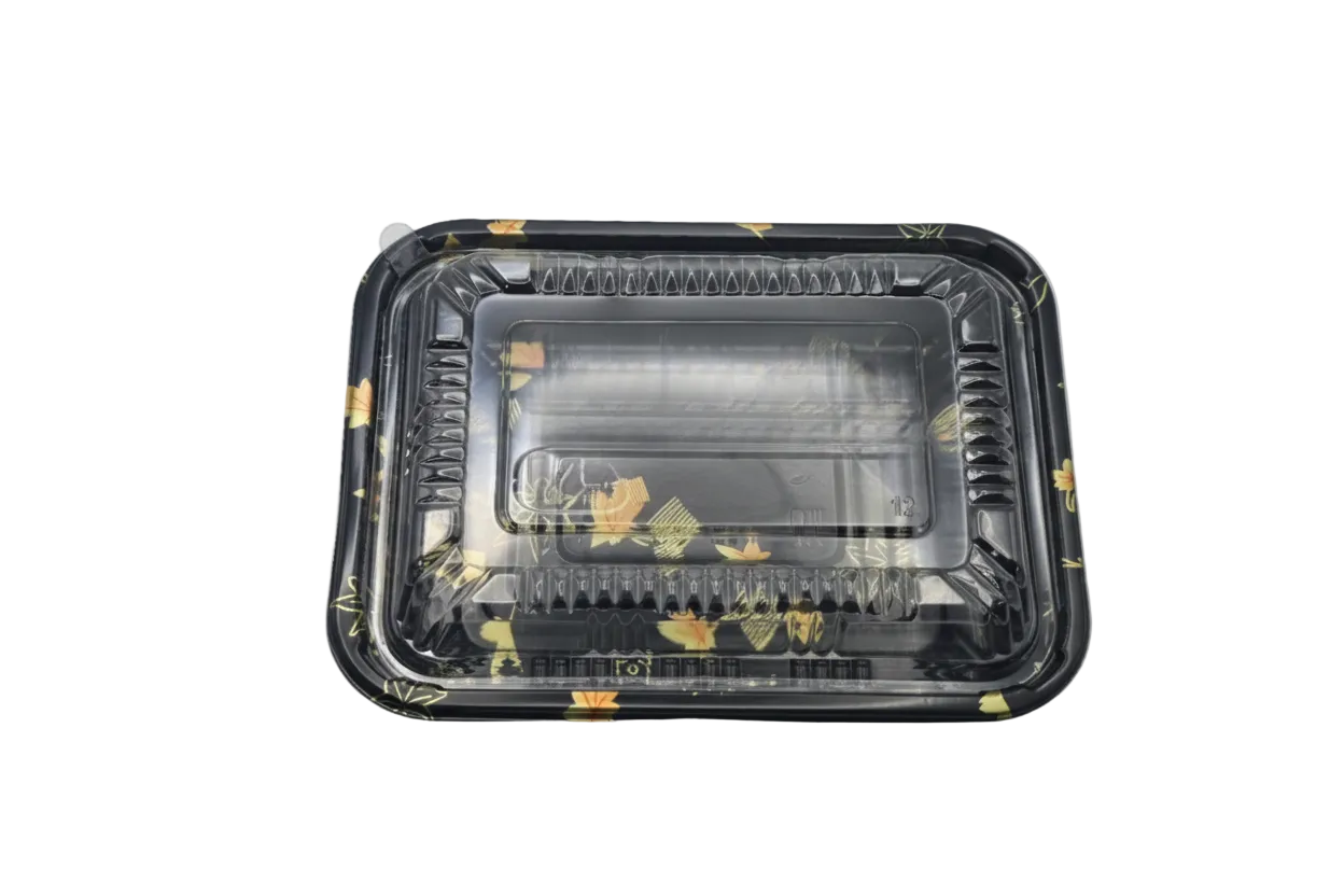 Black plastic food container with clear lid 