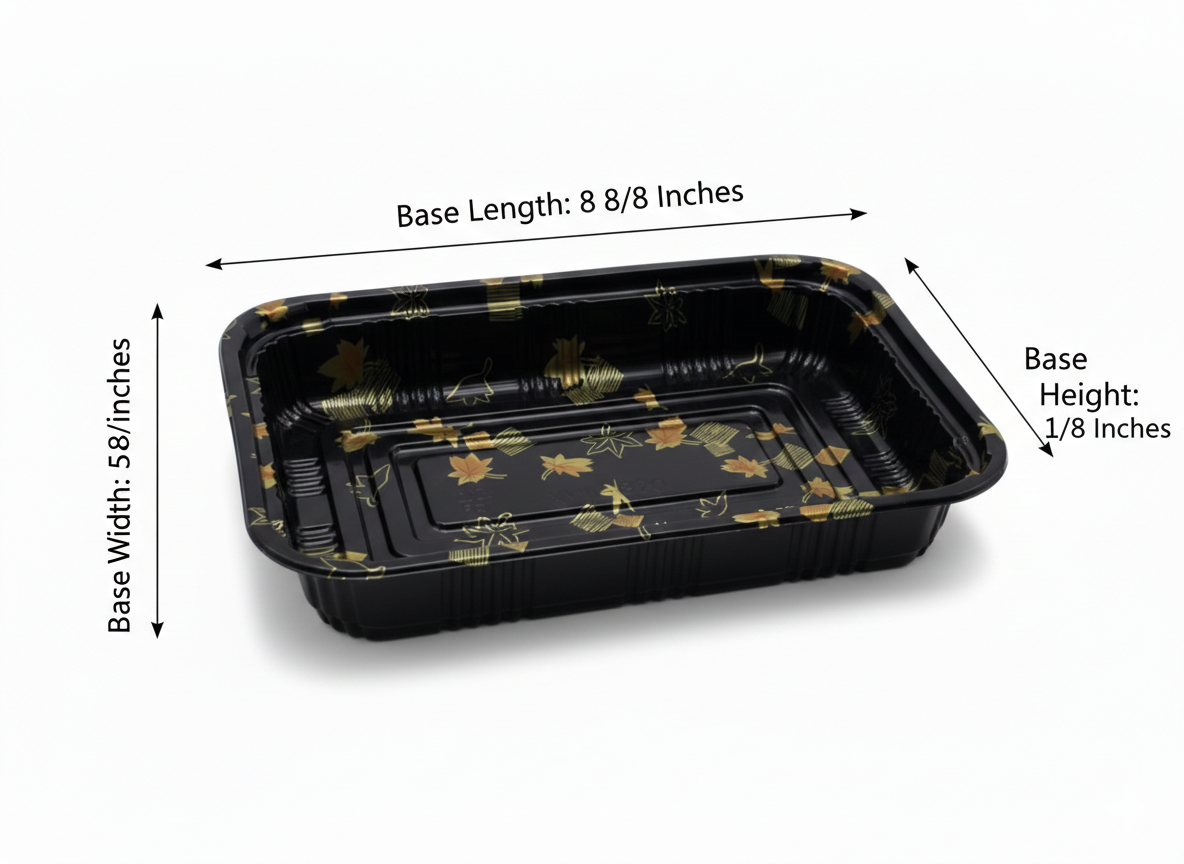 Black rectangular tray with floral design on a white background, showing measurements.