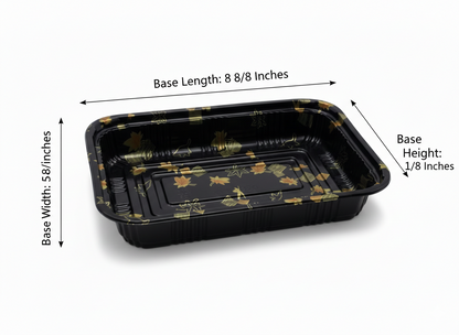 Black rectangular tray with floral design on a white background, showing measurements.