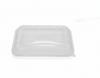 Clear plastic food container lid on a white background