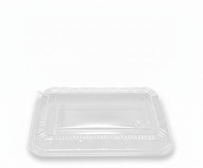 Clear plastic food container with lid on a white background