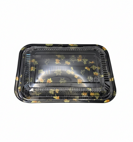 Black plastic tray with floral design on a white background