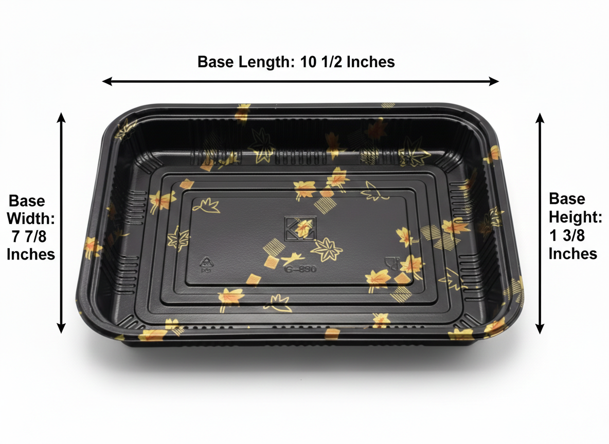 Black plastic tray with floral patterns and measurements on a white background