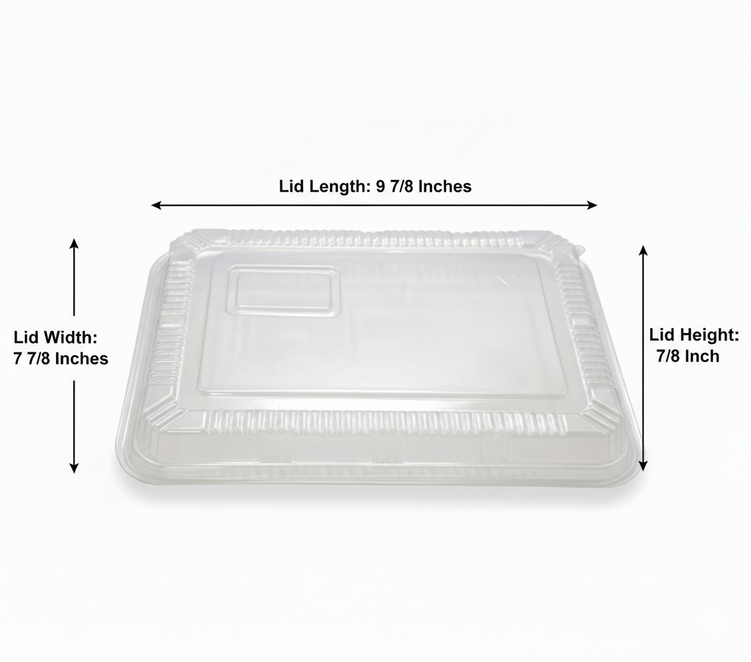 Clear plastic lid with dimensions labeled on a white background