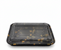 Black plastic food container with clear lid on a white background