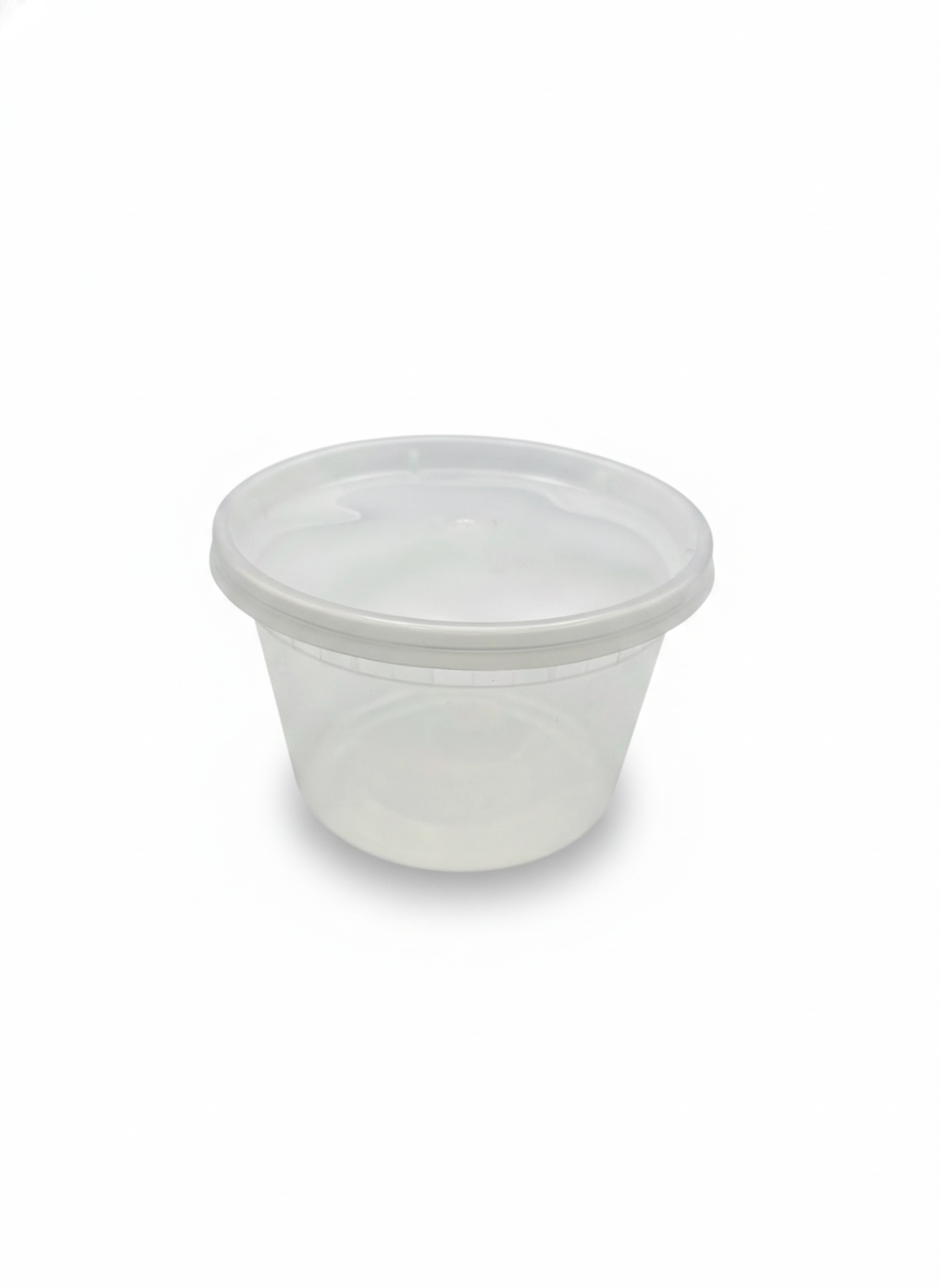 White clear plastic round soup container with a lid on a white background