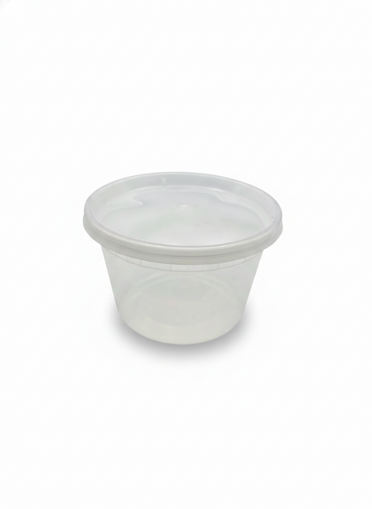 White clear plastic round soup container with a lid on a white background
