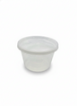 White clear plastic round soup container with a lid on a white background
