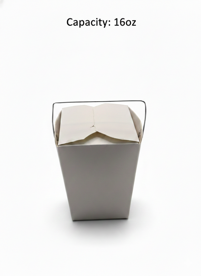 White takeout container with a lid on a white background, labeled 'Capacity: 16oz'.