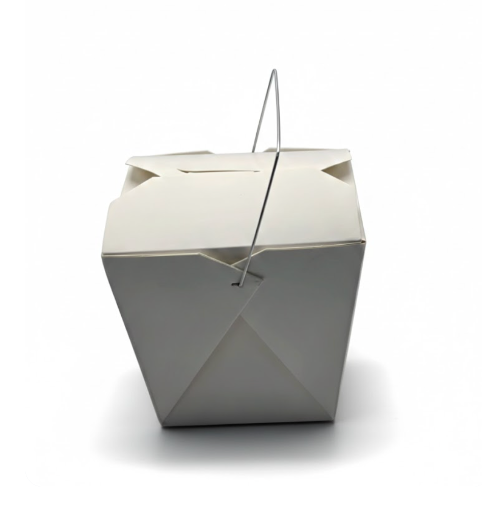 white takeout container with a handle on a white background