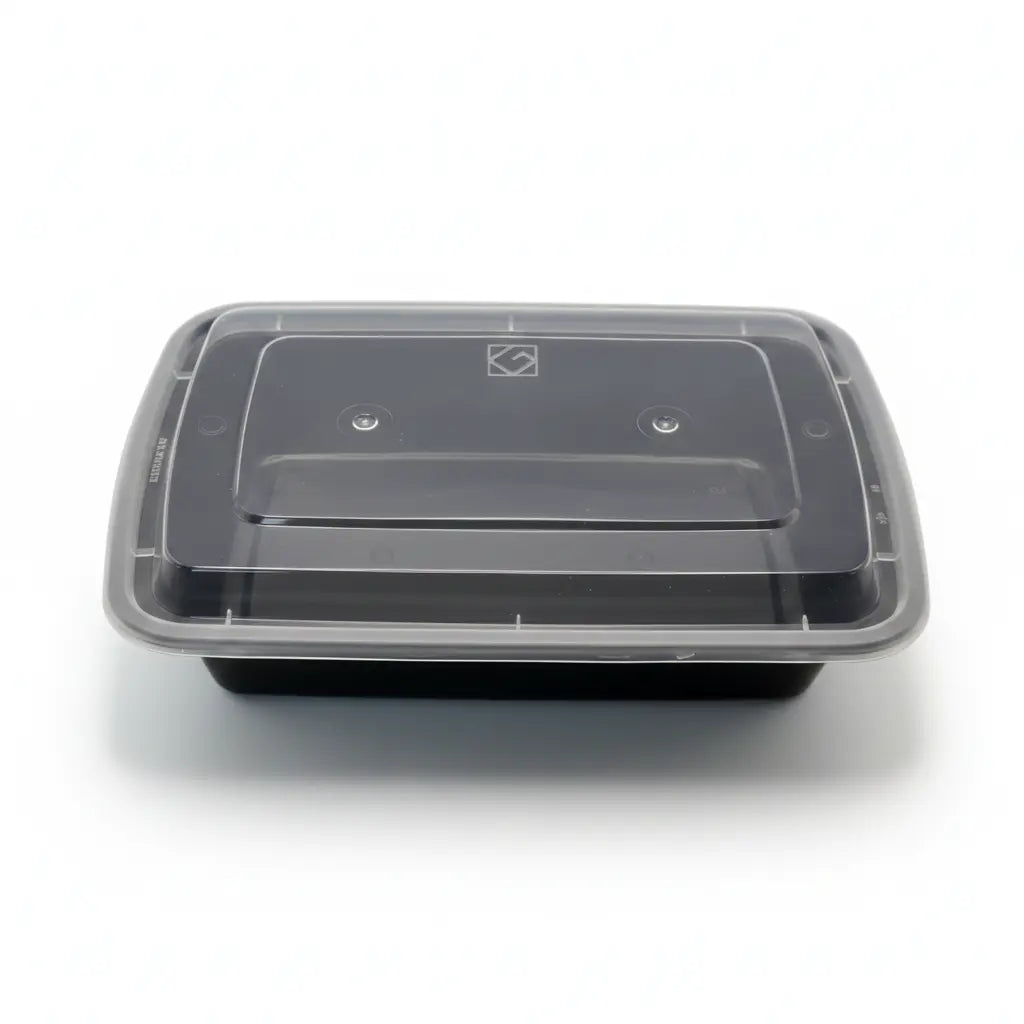 Rectangular black food container fitted with a separate clear lid