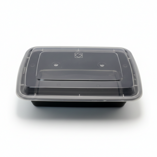 Black food container with clear lid on a white background