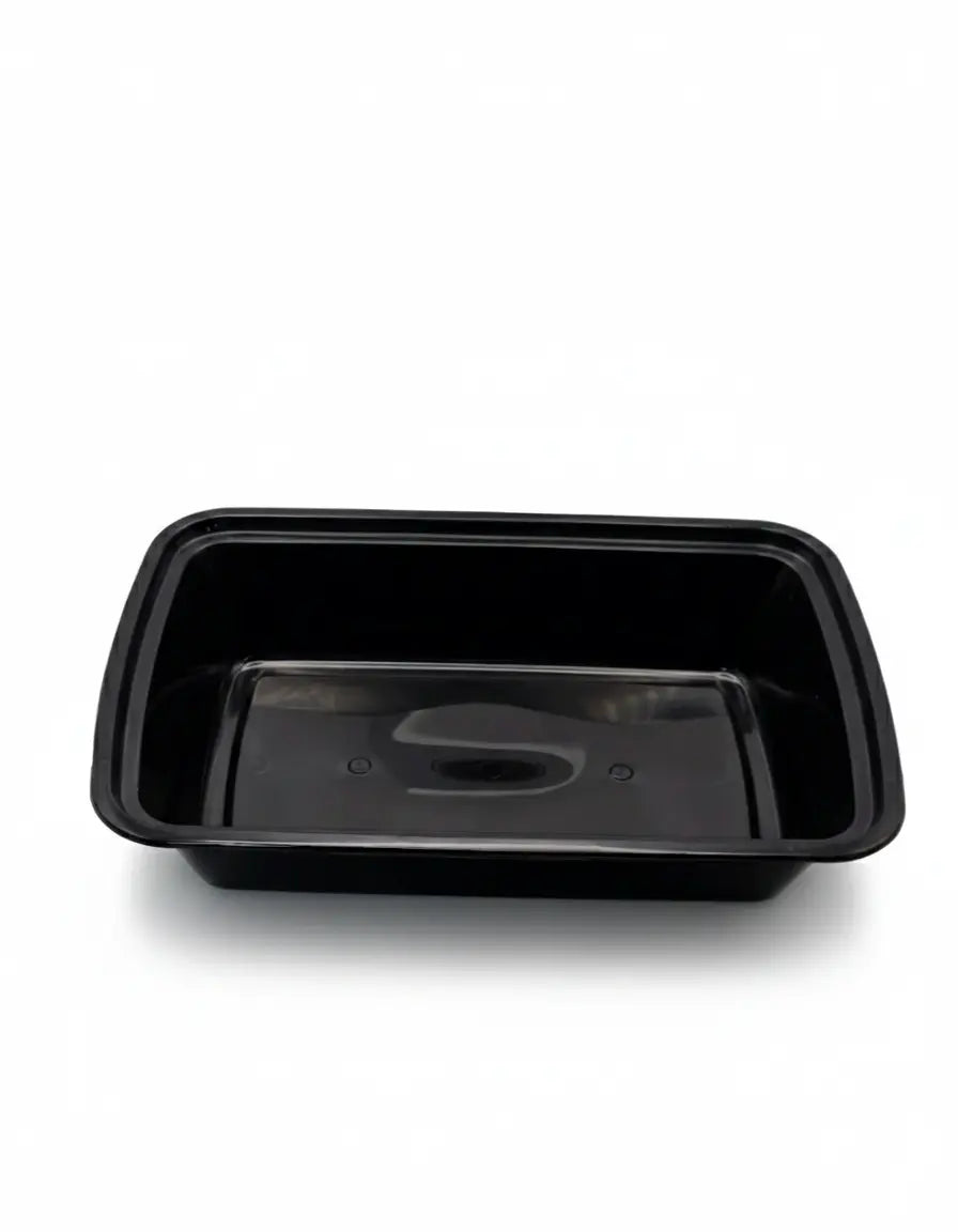 Rectangular black food container fitted with a separate clear lid