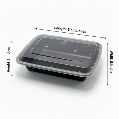 Black food container with dimensions labeled on a white background