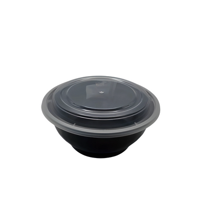 Black food container with a clear lid on a white background