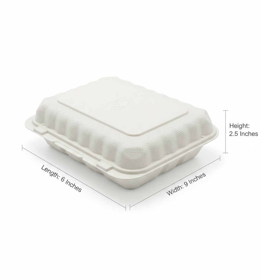 White disposable food container with dimensions labeled on a white background
