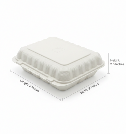 White disposable food container with dimensions labeled on a white background