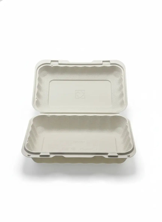 Biodegradable food container with lid on a white background