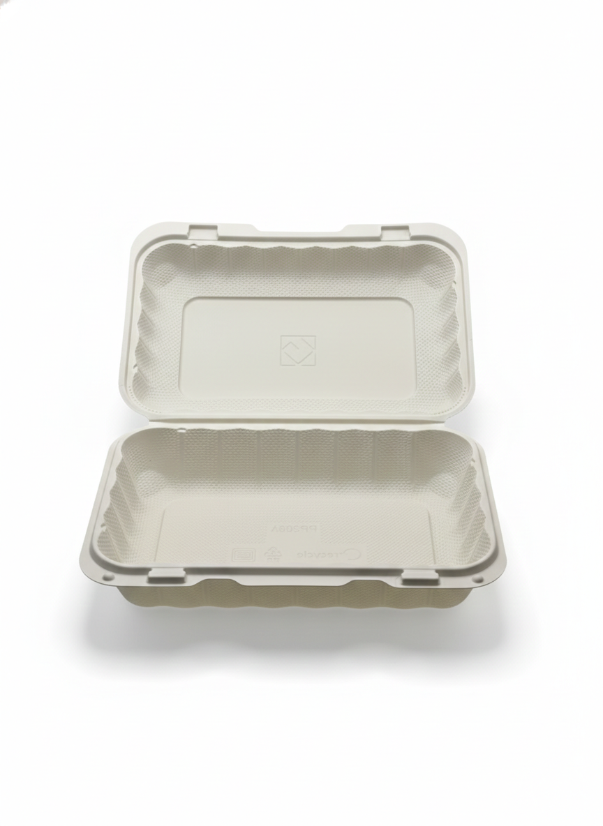 Biodegradable food container with lid on a white background