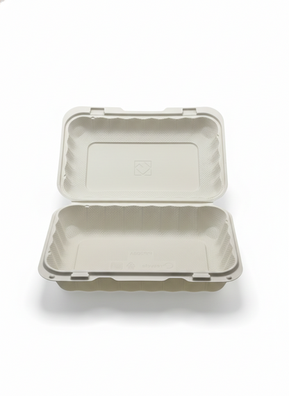 Biodegradable food container with lid on a white background