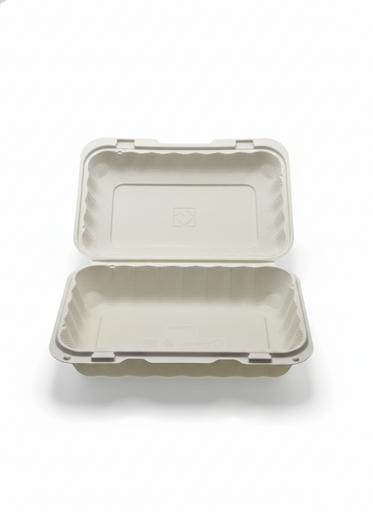 Biodegradable food container with lid on a white background