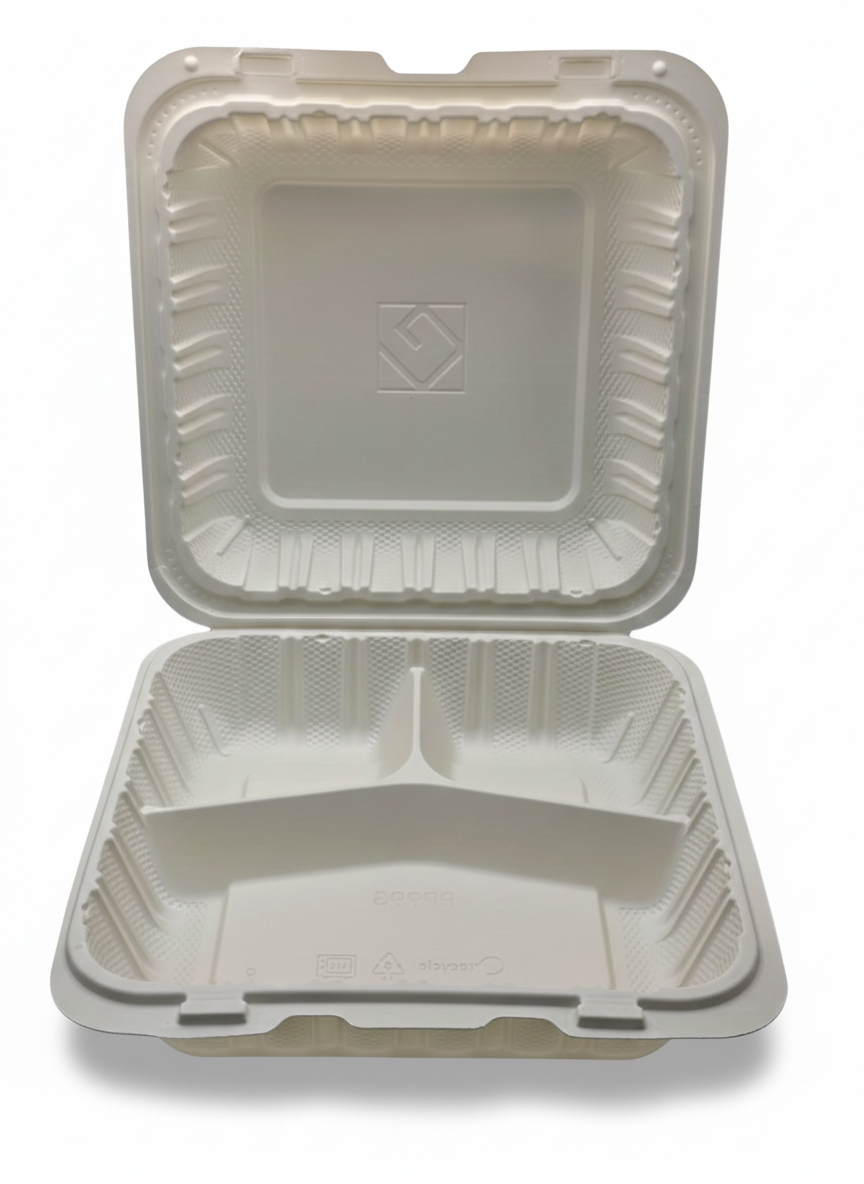 Biodegradable food container with lid on a white background