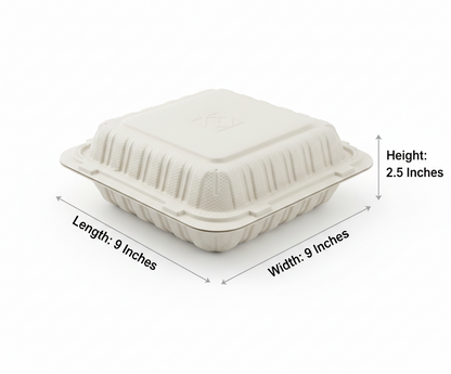 Biodegradable take-out container with dimensions labeled on a white background