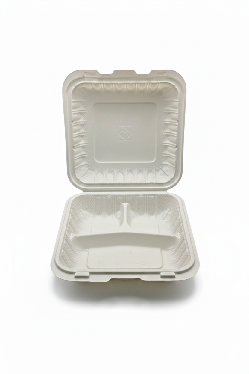 Biodegradable take-out container with lid on a white background