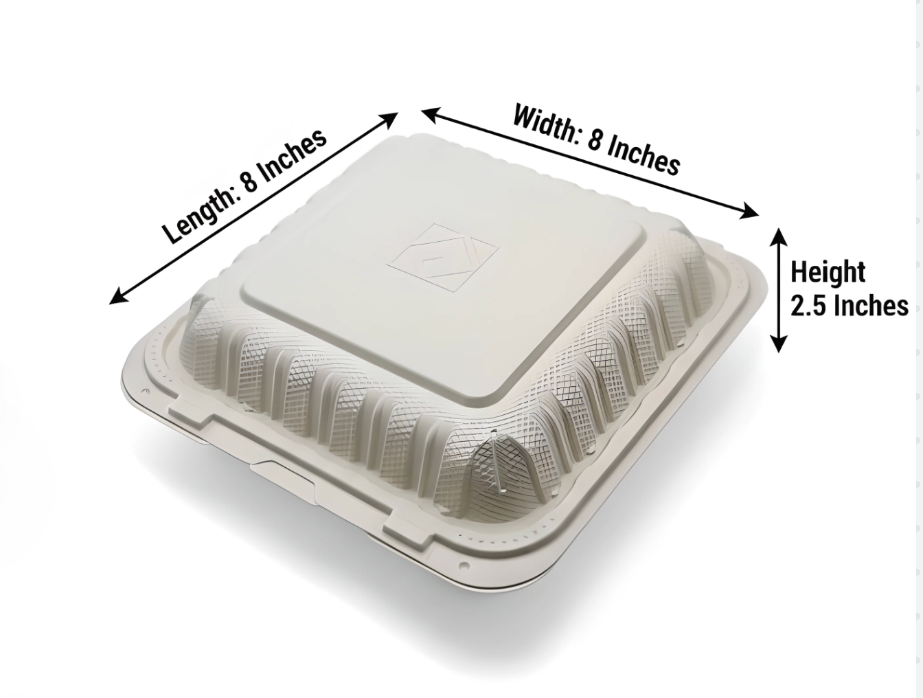 White disposable food container with dimensions labeled on a white background