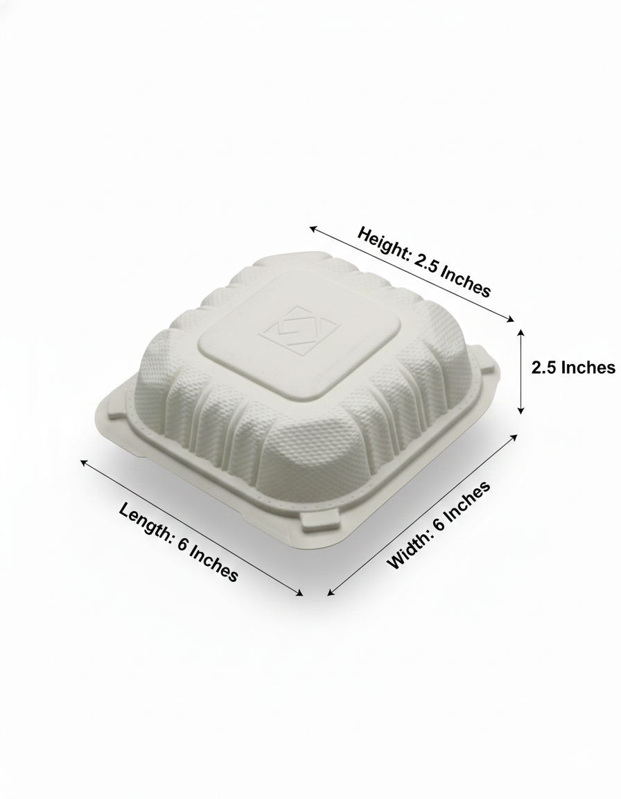 White disposable food container with dimensions labeled on a white background