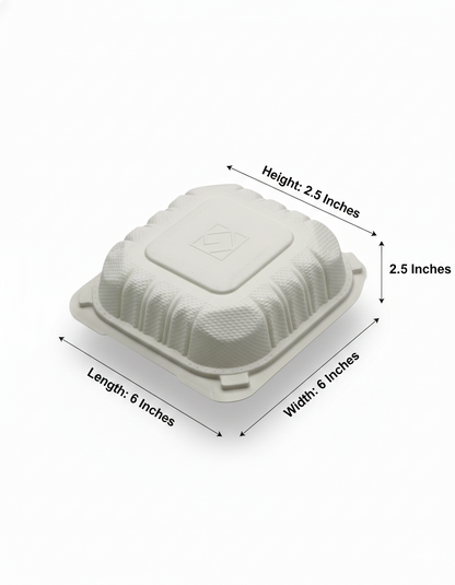White disposable food container with dimensions labeled on a white background