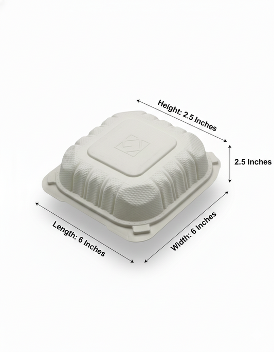 White disposable food container with dimensions labeled on a white background
