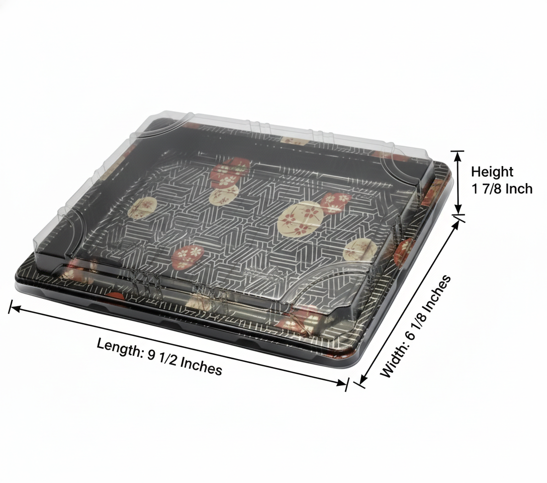 sushi tray with dimensions on a white background