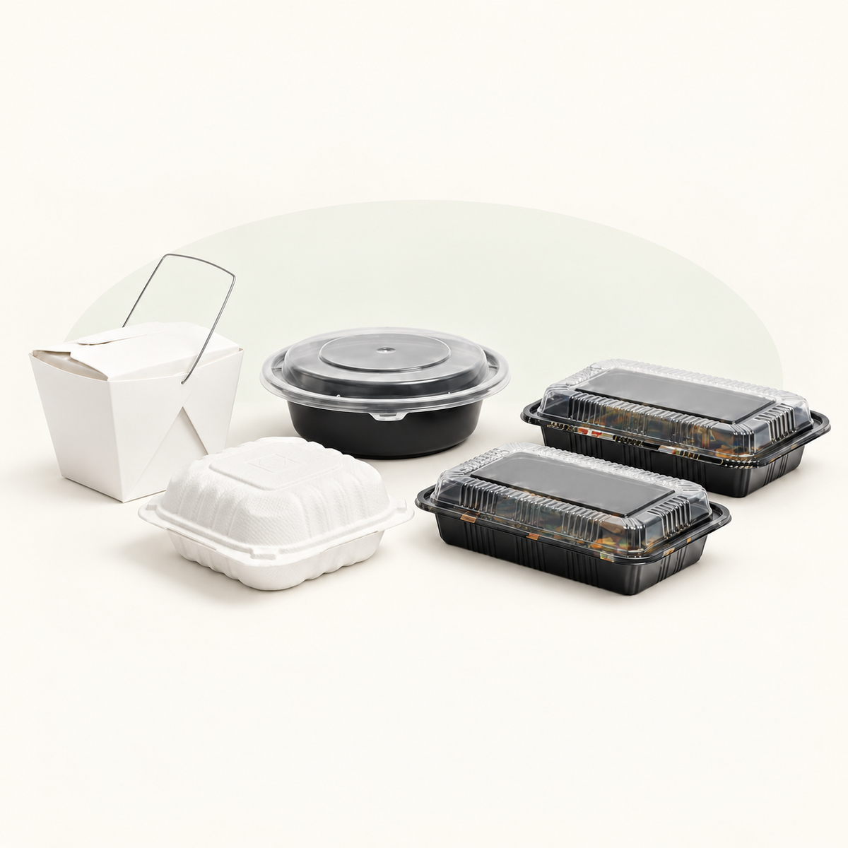 GCT takeout packaging assortment: paper pail, round bowl, rectangular containers and white clamshell
