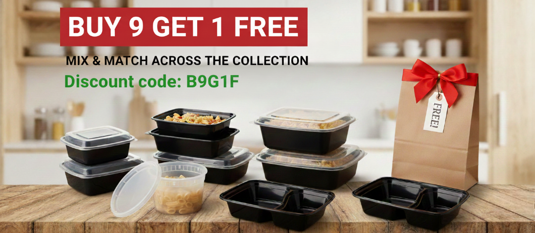 Promotional offer for food containers with a discount code on a kitchen counter.