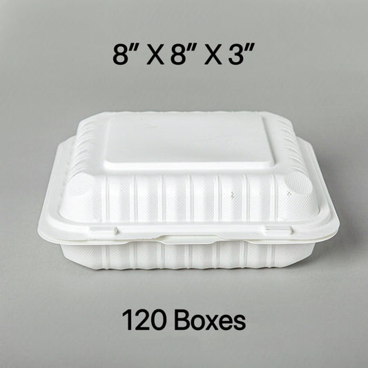 [散装 120 箱] 方形白色塑料三格铰链食品盒 8 英寸 X 8 英寸 X 3 英寸 - 150/箱