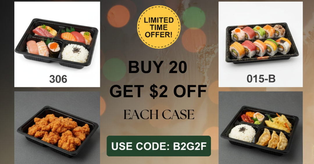 Bulk discount offer: Buy 20 boxes and get $2 off each box on bento boxes and sushi trays at Fresh2. Use code B2G2F