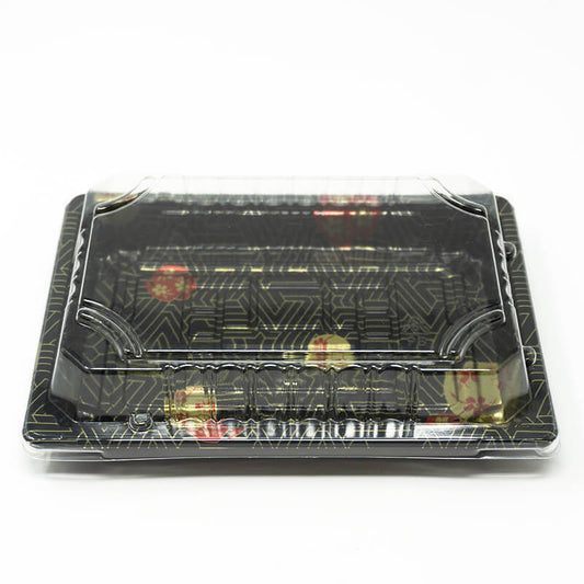 TZ Black 6 1/2" X 4 1/2" X 3/4" Plastic Rectangular Sushi Tray Container with Lid - 1500/Case