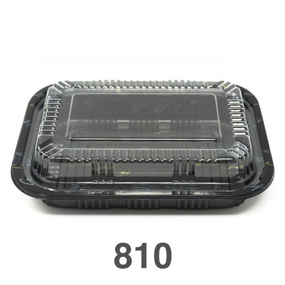 A rectangular black plastic lunch box with its lid on, labeled with the number 810.
