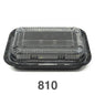 A rectangular black plastic lunch box with its lid on, labeled with the number 810.